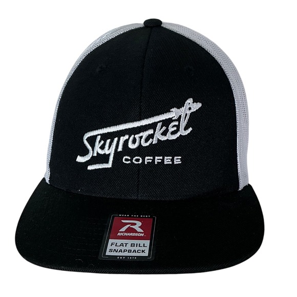 Skyrocket Coffee Hat Richardson 112‎ Trucker Snapback Black White Flat Bill - Picture 1 of 6